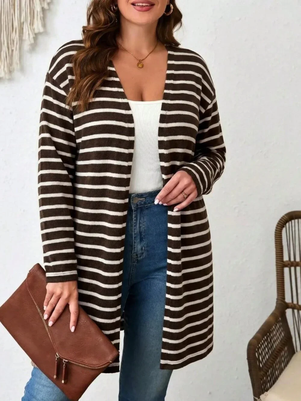 Brown Casual Women's Plus Size Striped Rib-Knit V Neck Drop Shoulder Coat